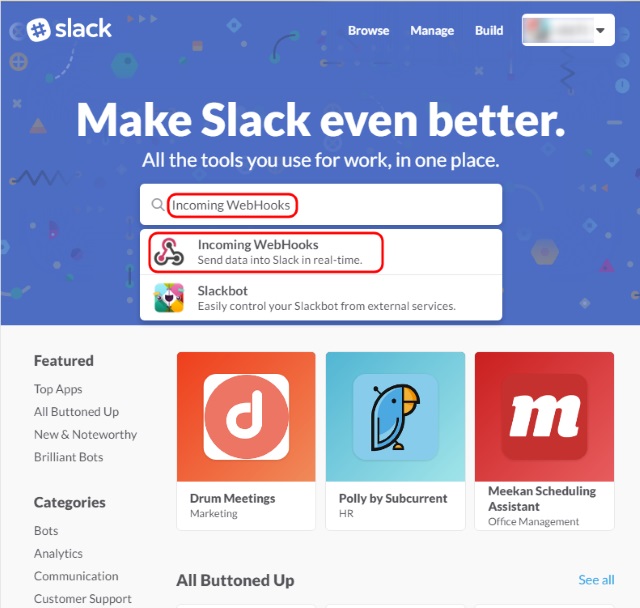 Slackアプリサーチ画面でIncoming WebHooksを選択