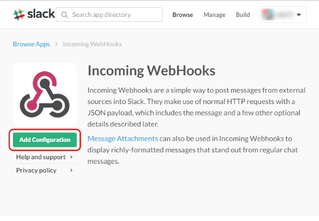 Incoming WebHooks 紹介画面